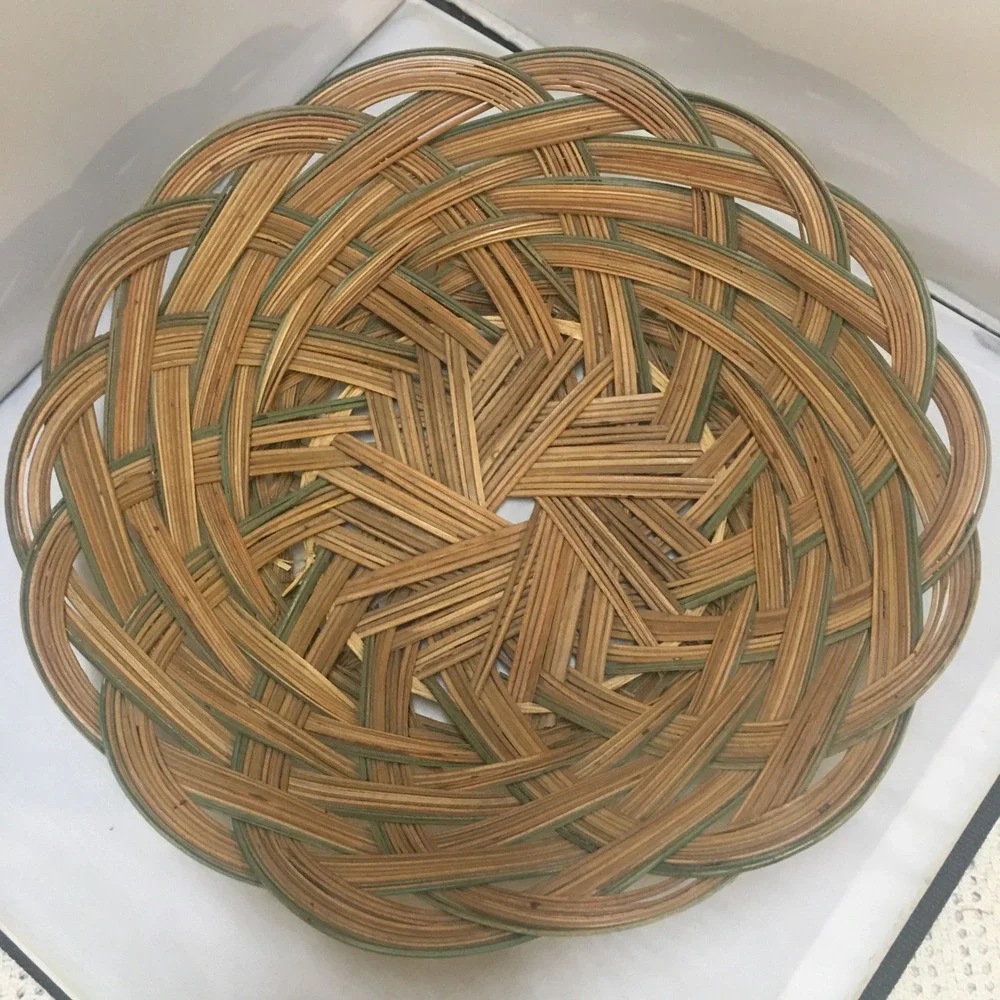 Woven Wicker Basket Bowl Unisex 11.5in Brown Green Boho Decor Cottagecore